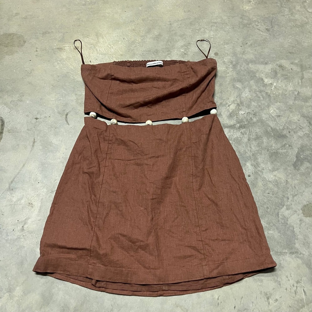 Abercrombie & Fitch Brown Linen Blend Cut Out Bead Mini Dress Petite Medium MP